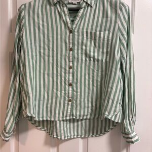 beachlunchlounge Green and White Striped Button-Down Shirt